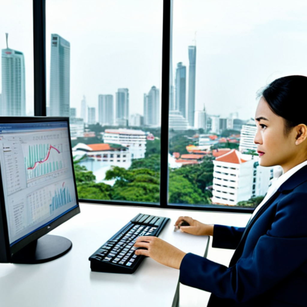 **
A Thai businesswoman in a modern, fully clothed business suit, sitting at a clean desk in a bright, open-plan office in Bangkok. She is analyzing data on a computer screen. The background includes views of the cityscape. Appropriate attire, professional environment, safe for work, perfect anatomy, natural proportions, professional photography, high quality.
**