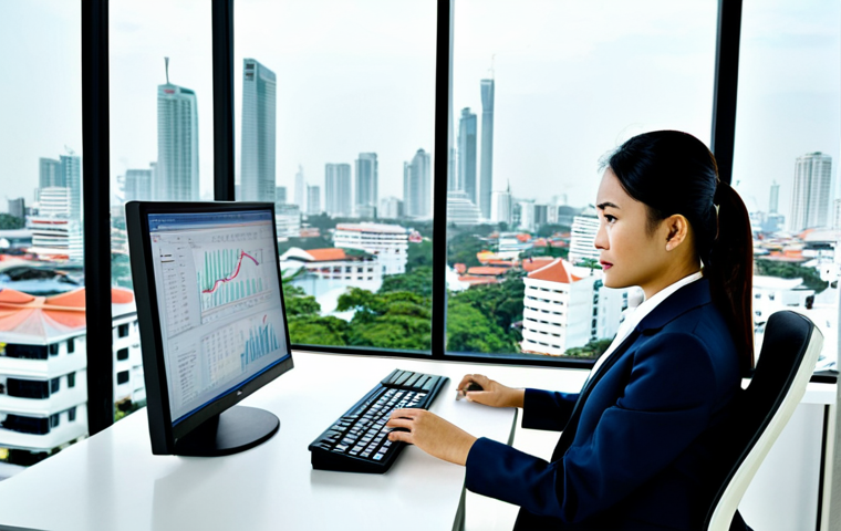 **
A Thai businesswoman in a modern, fully clothed business suit, sitting at a clean desk in a bright, open-plan office in Bangkok. She is analyzing data on a computer screen. The background includes views of the cityscape. Appropriate attire, professional environment, safe for work, perfect anatomy, natural proportions, professional photography, high quality.
**