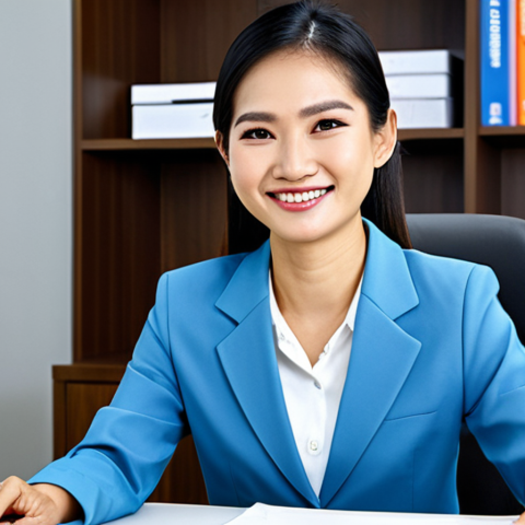 **
"A friendly Thai woman in a professional business suit, sitting at a desk in a bright, modern Bangkok office, fully clothed, appropriate attire, safe for work, perfect anatomy, natural proportions, family-friendly, high-resolution, professional photography, smiling gently, natural lighting."
**