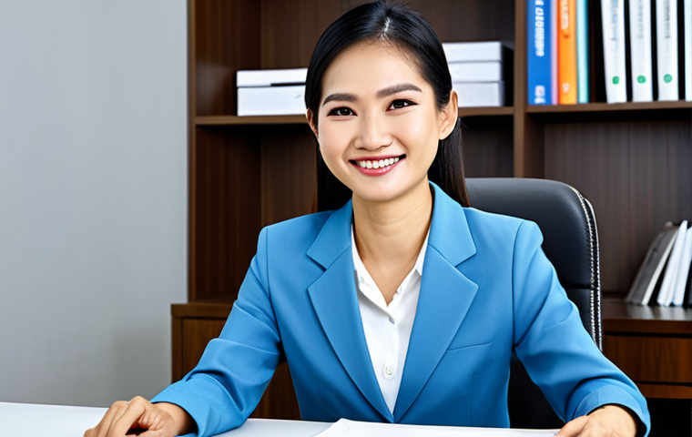 **
"A friendly Thai woman in a professional business suit, sitting at a desk in a bright, modern Bangkok office, fully clothed, appropriate attire, safe for work, perfect anatomy, natural proportions, family-friendly, high-resolution, professional photography, smiling gently, natural lighting."
**