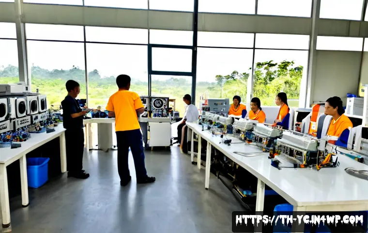Home 29 리쇼어링과 지역 사회의 역할 - Photorealistic wide-angle scene of a modern light-manufacturing workshop in Thailand, Thai engineers...